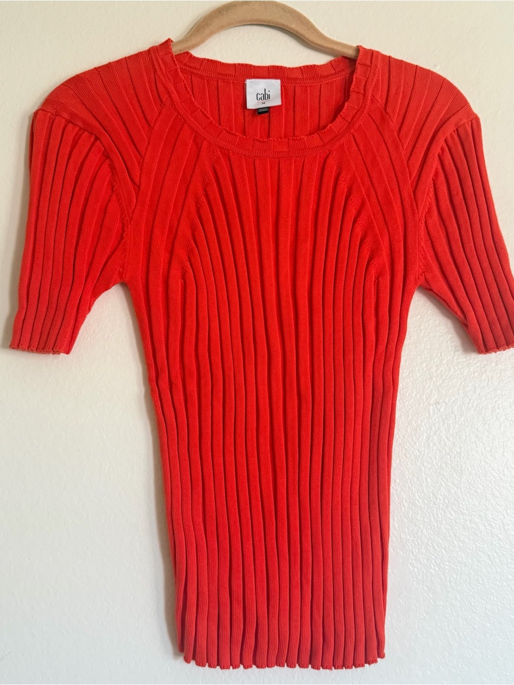 Cabi Ribbed Short-Sleeve Sweater Top in Bright Red Scoope Tomato Red
